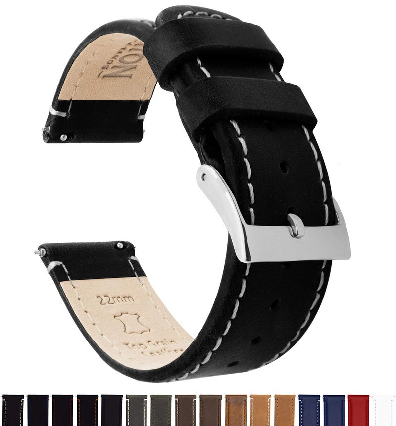 BARTON WATCH BANDS Quick Release Top Grain Leather Watch Band Strap, Black Leather/Linen White Stitching, 22mm - Image 2